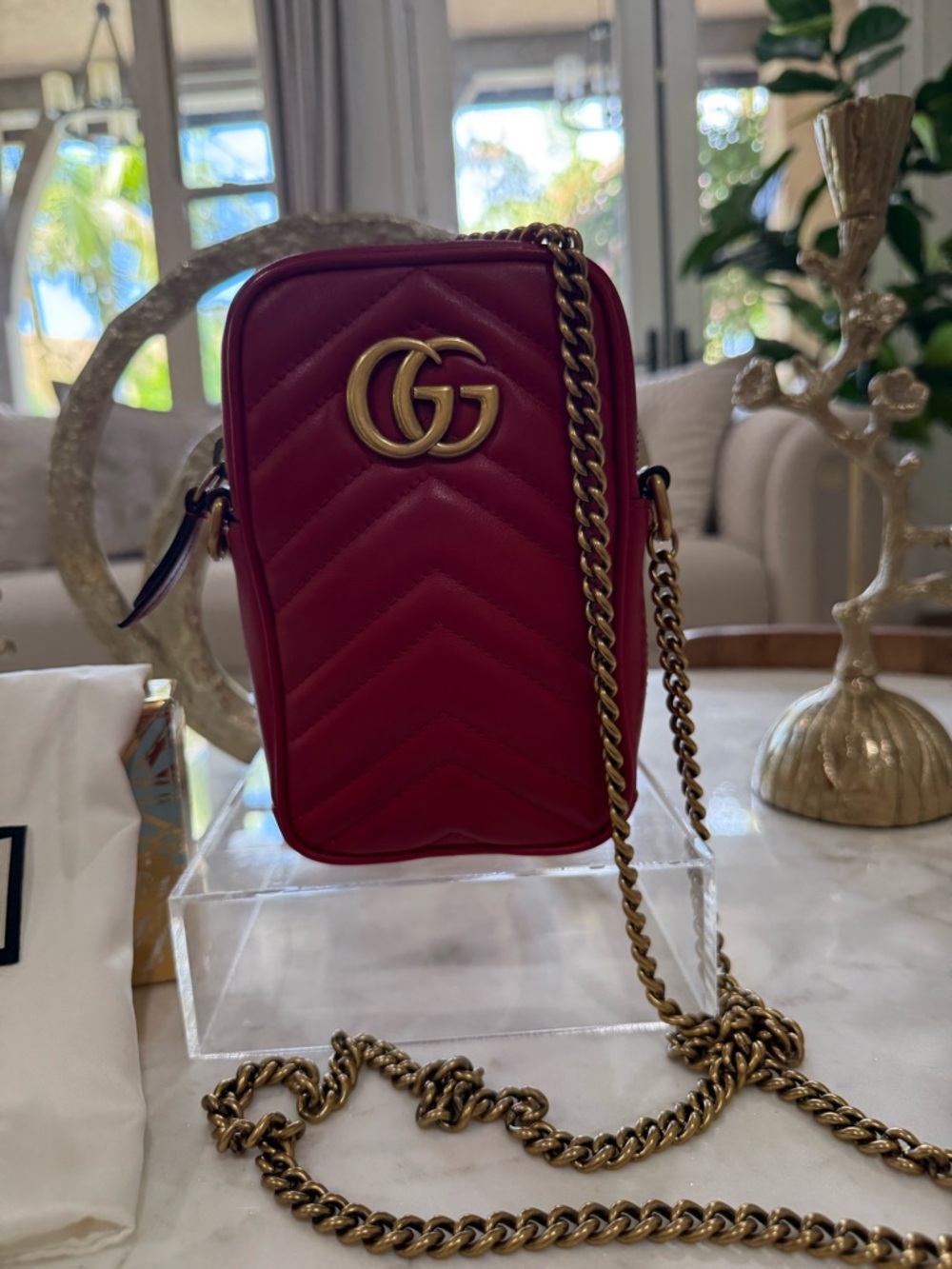 Authentic Gucci Red leather Quilted GG Small Crossbody with Gold Chain with GWP